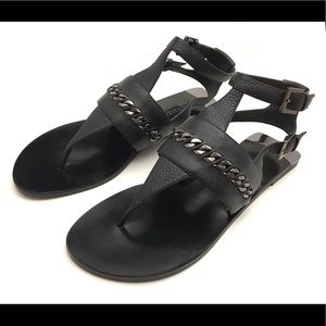 H Williams Black Leather sandals with Chain accent